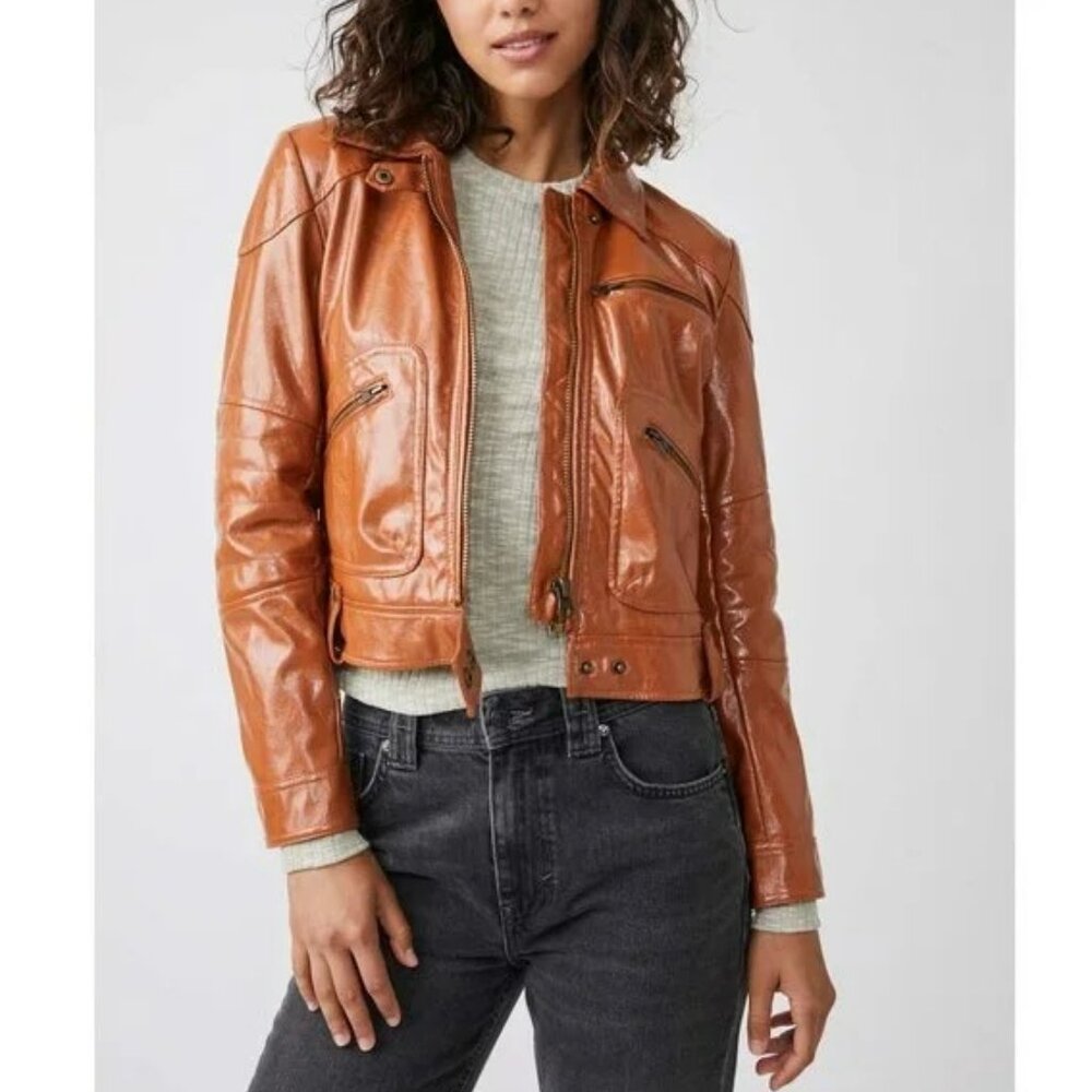 NEW FREE PEOPLE JOSIE CARMEL VEGAN FAUX LEATHER MOTO JACKET LARGE